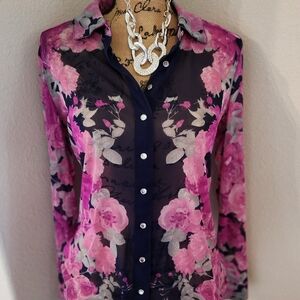 Inc Sheer Navy Floral Button-Front Women's Top